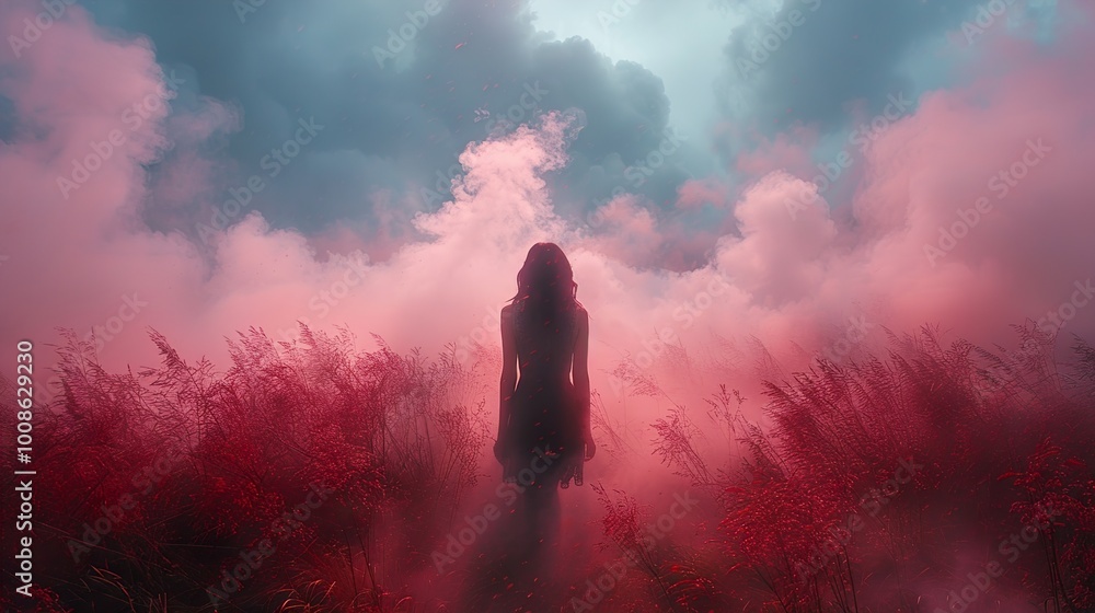 Poster Woman in a Dreamlike Field of Pink Fog