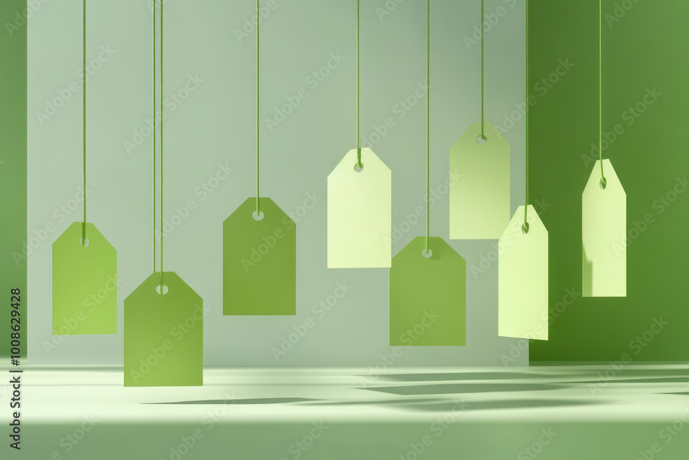 Poster green labels hanging from the ceiling with strings in an empty room with green walls