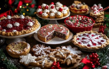 Festive dessert display featuring holiday cookies, pies, and fruitcake celebrating joyful baking traditions