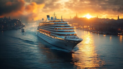 A large cruise ship sails past a city skyline at sunset. The ship is illuminated by the setting sun, and the water is calm. The city lights are visible in the distance.