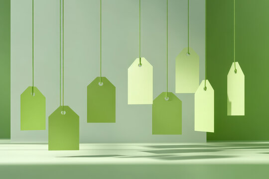 Green labels hanging from the ceiling with strings in an empty room with green walls - Powered by Adobe