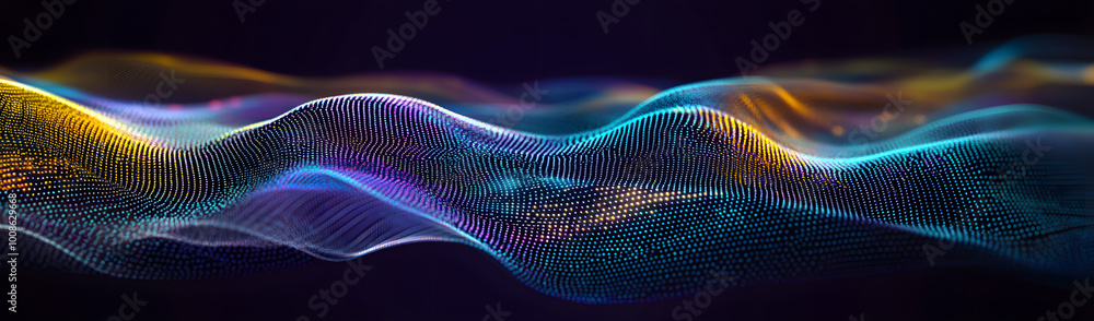 Poster big data visualization. the musical stream of sounds. abstract background with interweaving of dots 