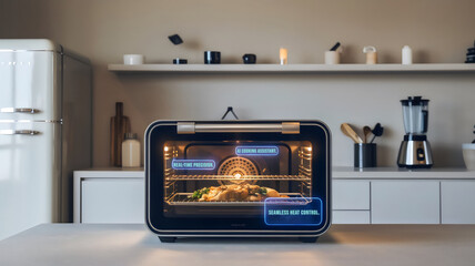 A smart oven powered by AI in a sleek, minimalist kitchen, preparing a meal on its own.