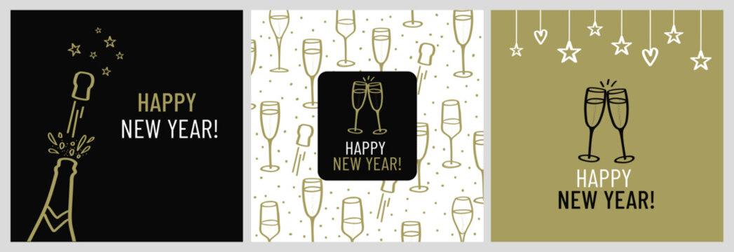 Set of cards with hand drawings of glasses and champagne bottle with decorative elements for Christmas or New Year's parties. Vector illustration