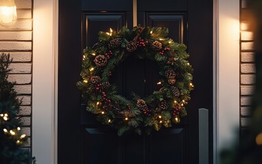 Elegant Christmas wreath made from natural branches and berries, adorned with lights, hangs on a modern front door during a warm evening glow