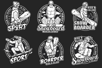 Hit the slopes with six monochrome snowboarder emblems perfect for apparel and merchandise. Feel the thrill of shredding the snow like a pro. Let these badges inspire your next adventure.
