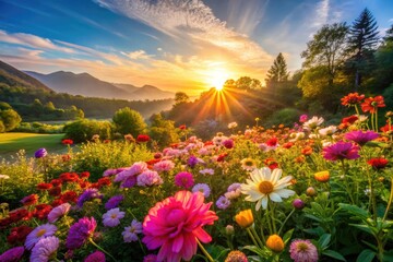 Fototapeta premium Morning light illuminating a tranquil landscape with fresh flowers and a peaceful atmosphere