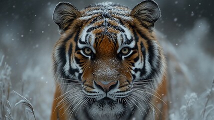 A majestic Siberian tiger stares intensely at the camera in a snowy forest.