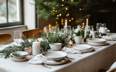 Fototapeta premium A serene minimalist holiday dining table set with white dishware, evergreen sprigs, and candles for a festive gathering