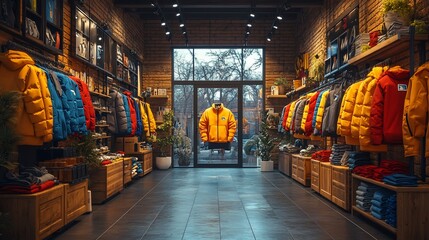 A modern retail store interior with wooden shelves and a variety of colorful jackets displayed on mannequins.