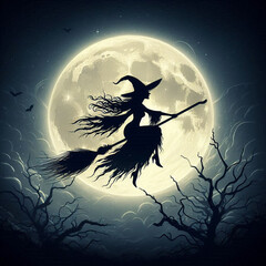 Mystical Witch Silhouette Flying Against Glowing Full Moon.