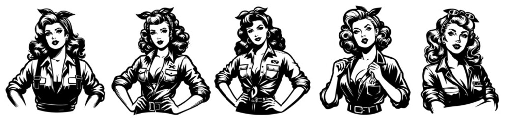 retro pinup girl posing in mechanic uniform hand-drawn black vector