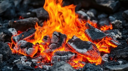 Molten lava flowing through cracks in volcanic rock, a fiery red and black scene, evoking images of intense heat and volcanic activity.