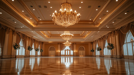 A wide shot of a grand ballroom featuring a gold chandelier adorned with delicate laurel wreath accents