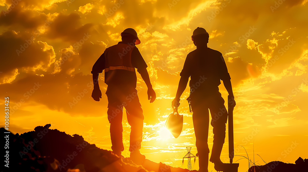 Poster silhouette of two people holding objects on a mountain generated ai