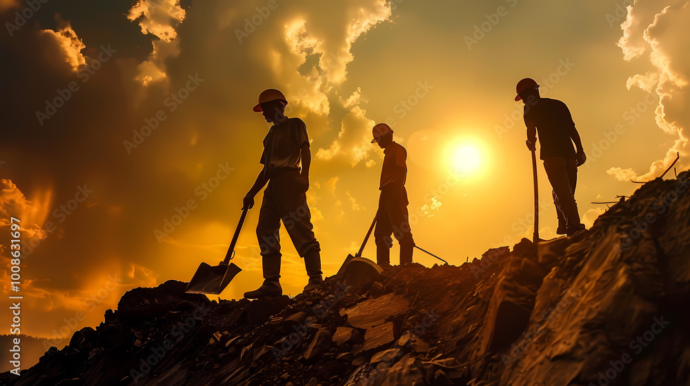 Poster group of people on the mountain with building objects Generated AI 