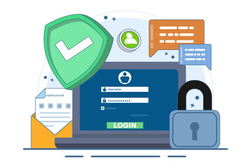 Two-step verification concept, OTP, Authentication password, One-time password for secure website account login, Login page on device screen. Flat vector illustration on background.