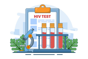 World AIDS Day Concept, Medical doctor with HIV test tube researching AIDS, Red Ribbon to raise awareness of AIDS epidemic. Flat vector illustration on background.