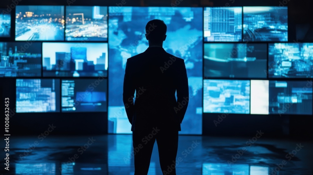 Poster a shadowy figure gazes intently at a series of illuminated screens, revealing detailed visual data i