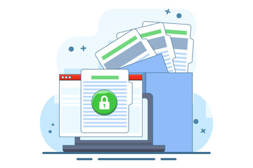 concept of secure confidential online document access on laptop computer or internet web privacy protection on text file flat icon, private secret website data lock modern symbol. vector illustration.