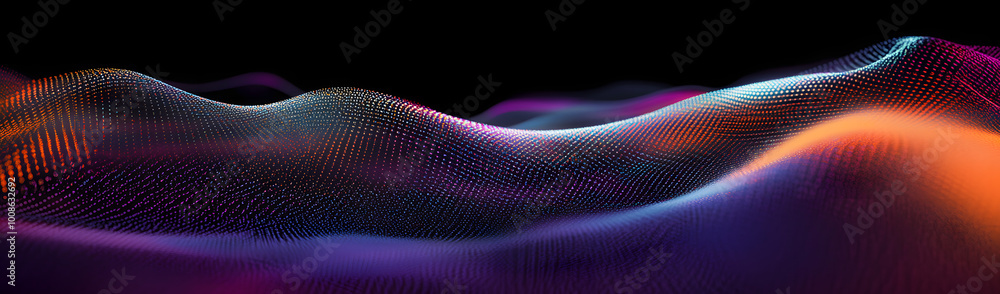 Poster big data visualization. the musical stream of sounds. abstract background with interweaving of dots 