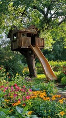 Naklejka premium A beautiful treehouse with a slide surrounded by vibrant flowers, perfect for children's play and outdoor adventures.