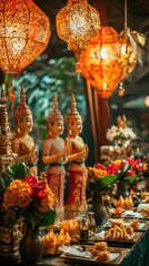 Fototapeta premium A beautifully arranged table featuring traditional decorations, golden statues, and vibrant flowers, illuminated by ambient lanterns.