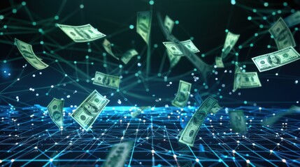 abstract digital art of a lot of cash made from glowing lines and dots, floating above a network grid on a dark blue background