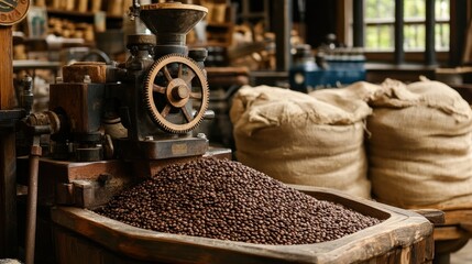Vintage Coffee Roaster with Beans and Sacks