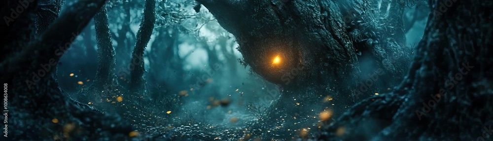 Poster a mystical forest scene illuminated by glowing light, featuring enchanting trees and an ethereal atm
