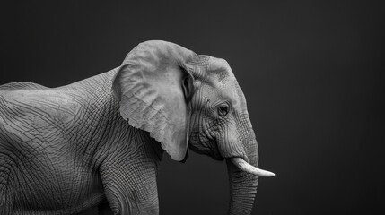 Elephant on black, fine art B&W isolated on white background, studio photography, png 