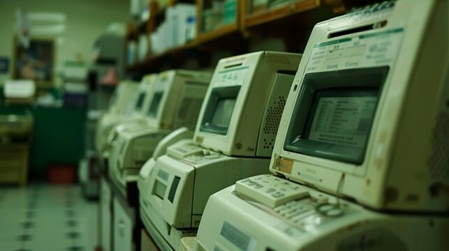 Row of vintage medical devices with small screens. Old technology in healthcare, outdated equipment