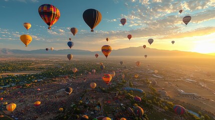 Obraz premium A breathtaking aerial view of colorful hot air balloons floating over a picturesque landscape at sunrise.