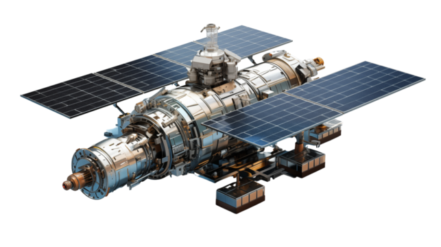 Satellite in space with solar panels and dish antenna, Isolated on Transparent Background.