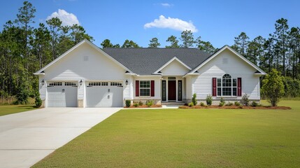 Newly constructed craftsman-style home in white with red details, set in a picturesque suburban neighborhood with well-maintained green lawns and tree-lined streets.