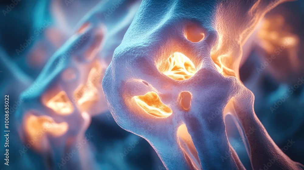 Poster close-up view of luminous bone structures, showcasing intricate textures and vibrant colors, perfect