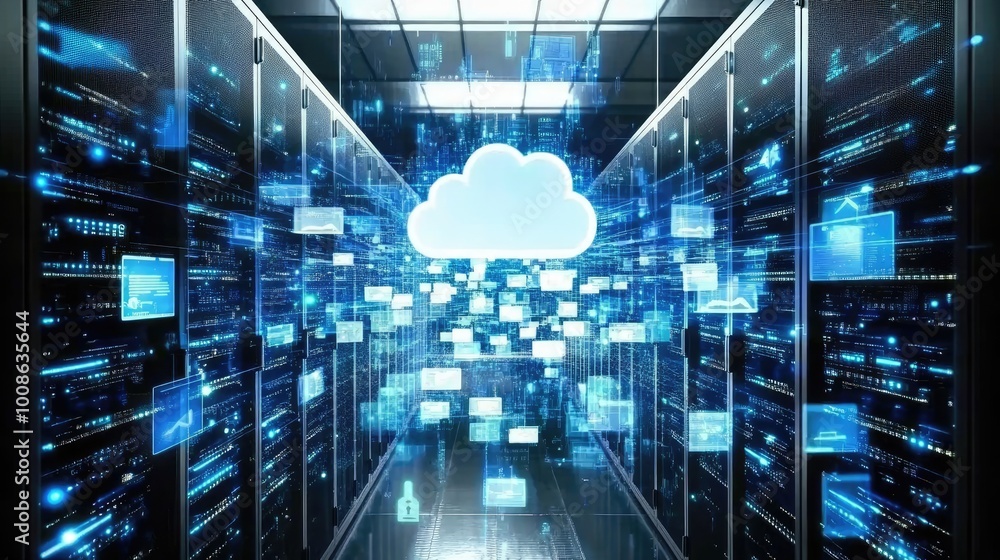 Poster online banking and financial technology network displayed on a digital screen with data on cloud, sy