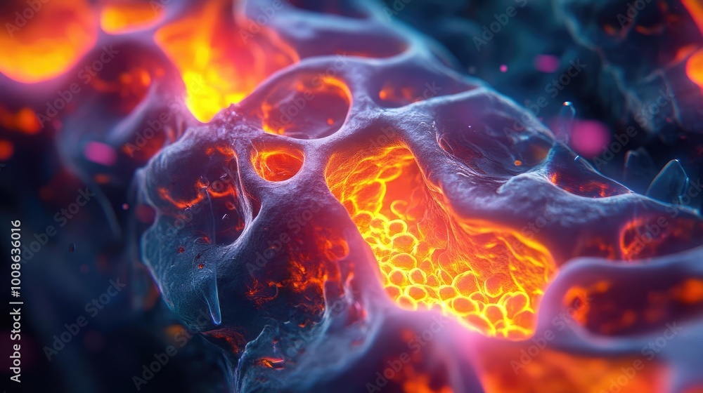 Poster abstract macro shot of glowing lava texture with bright orange and deep blue hues, creating a captiv