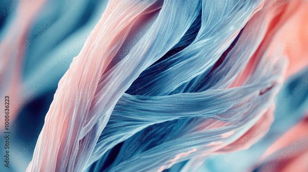 Poster abstract close-up of flowing fibers in blue and pink tones, creating a vibrant and dynamic design re