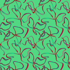 Seamless watercolor pattern with red and green silk bows. Illustration of elegant satin thin ribbons on pastel greenish background. Design for festive decor, gift wrapping, textile. Tangled lines.