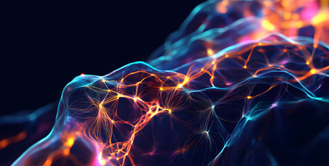Obraz premium Neural network, artificial intelligence and digital cyber abstraction. 3D illustration of electrical impulses in tissue of neural connections. Creative innovation in business start-up