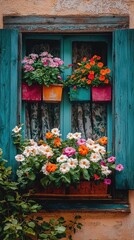 A charming window adorned with colorful flower pots, creating a vibrant and inviting atmosphere in a quaint setting.