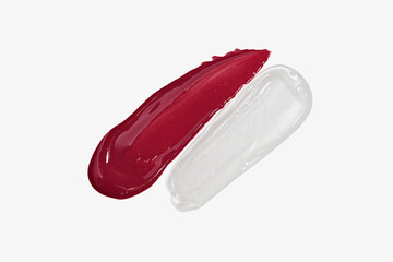 Red lip gloss and lip gloss or balm smudge  on white background