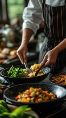 A chef skillfully prepares vibrant dishes with fresh vegetables and flavors, showcasing culinary artistry in a gourmet kitchen.