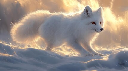 Fototapeta premium arctic fox stealthily prowling across a snowy landscape its fluffy white fur blending seamlessly with the icy terrain capturing the essence of survival in a harsh environment