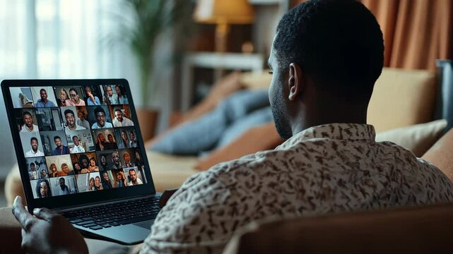 A man sits on a couch and uses a laptop to video chat with a group of people