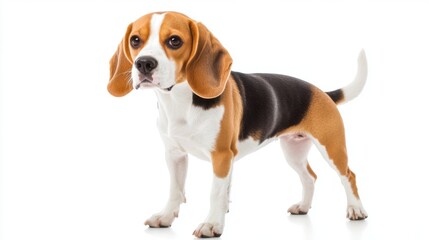 Beagle dog standing, white background. Happy animal theme.