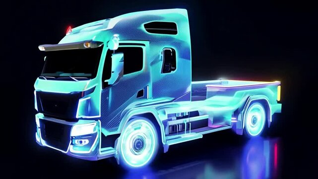 3D model of a futuristic truck, bright neon lights on a black background. Generative AI
