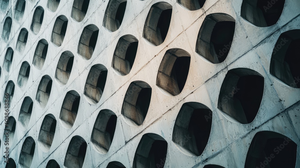Poster a close-up view of a modern concrete wall featuring distinctive geometric shapes and patterns that c