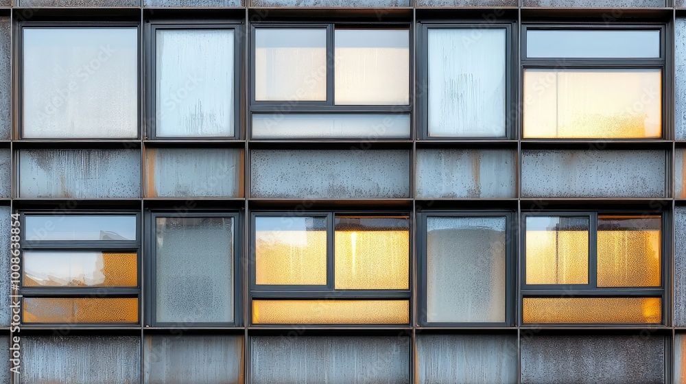 Poster a close-up view of a modern building facade showcasing various windows with reflections and textures